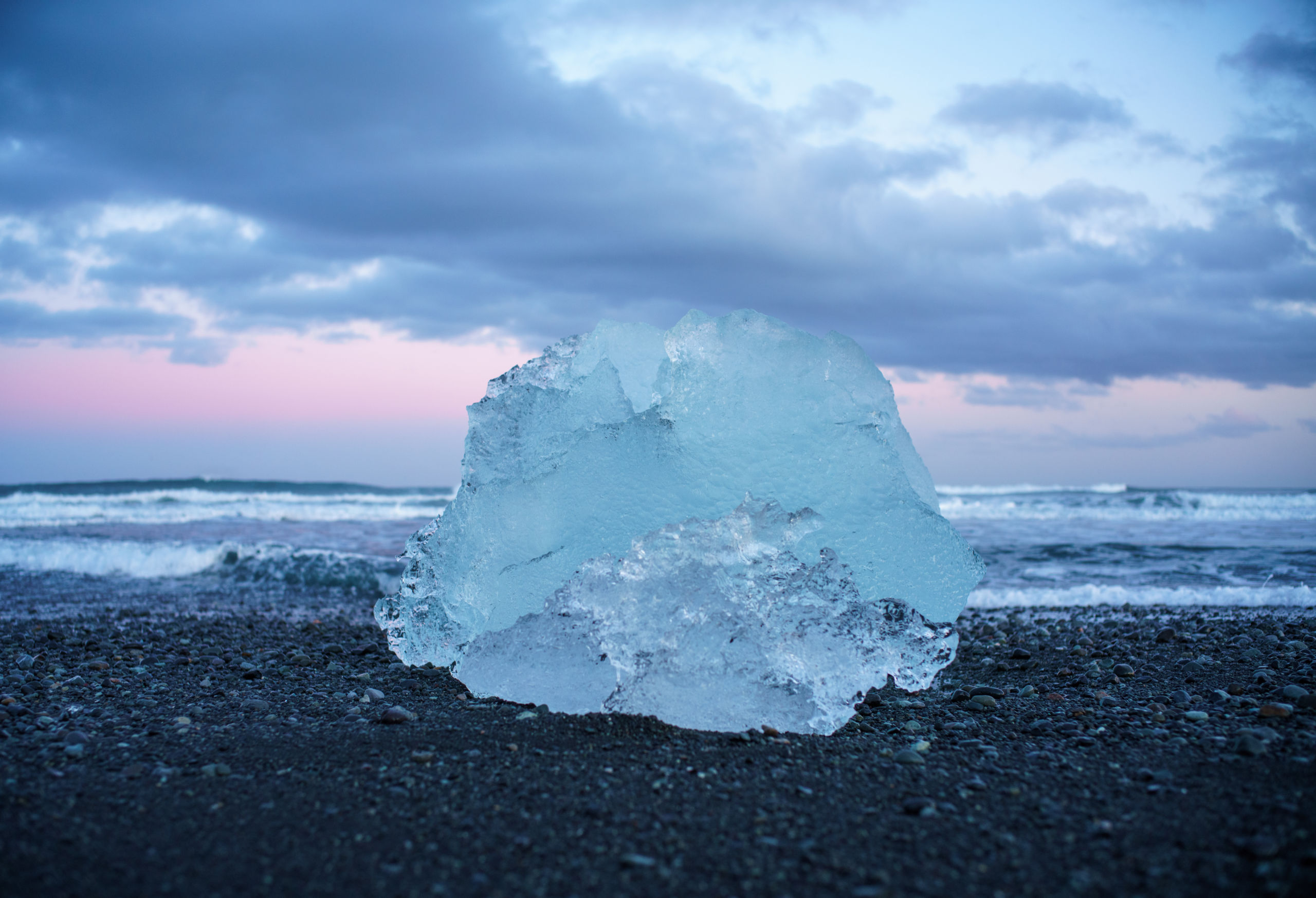 Iceland's diamond beach under a crimson sunset