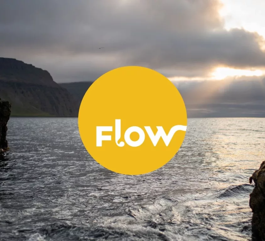 Flow logo with an Icelandic coast sunset in the background