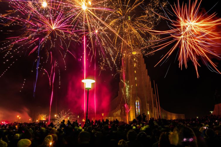 New years eve in Reykjavik with fireworks by Hallgrimskirkja